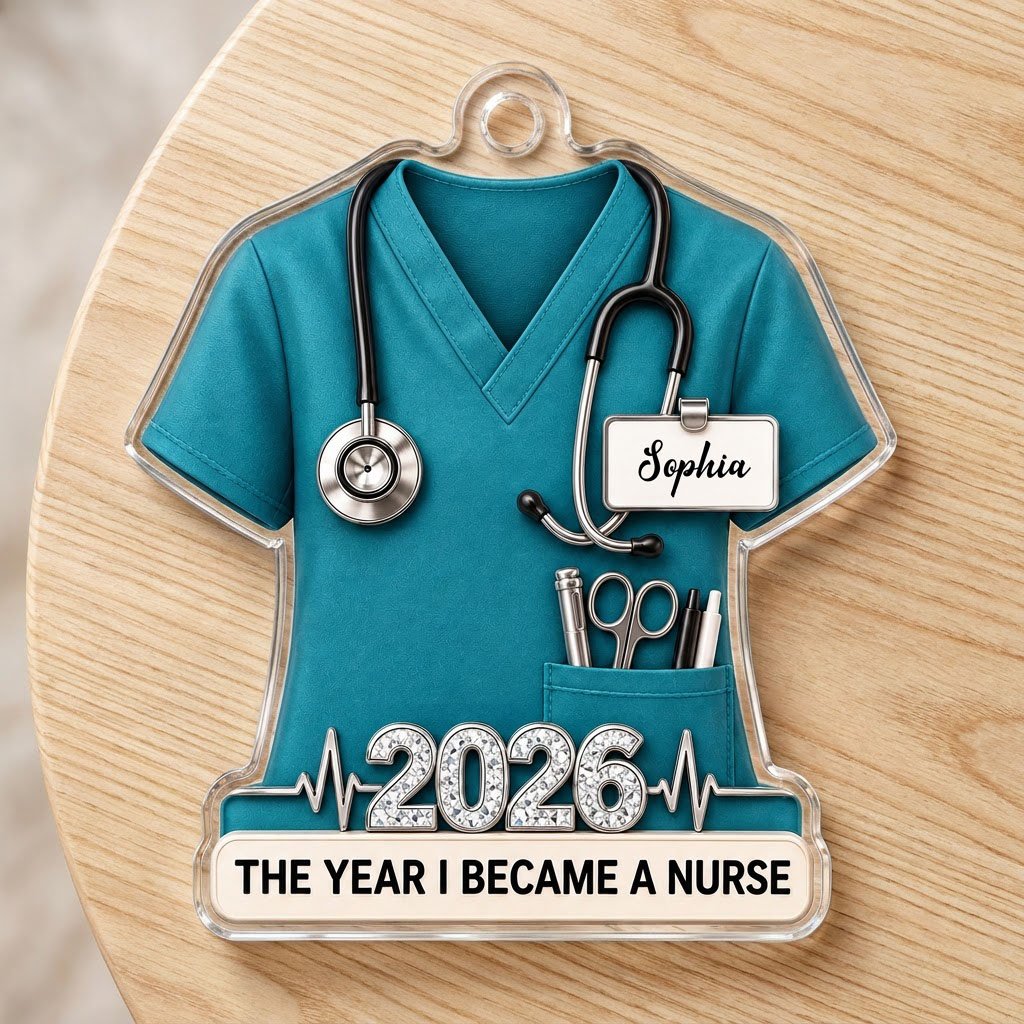 Teal scrub top acrylic ornament with stethoscope, ID badge, pocket tools, EKG line, 2026 numerals and a white name banne