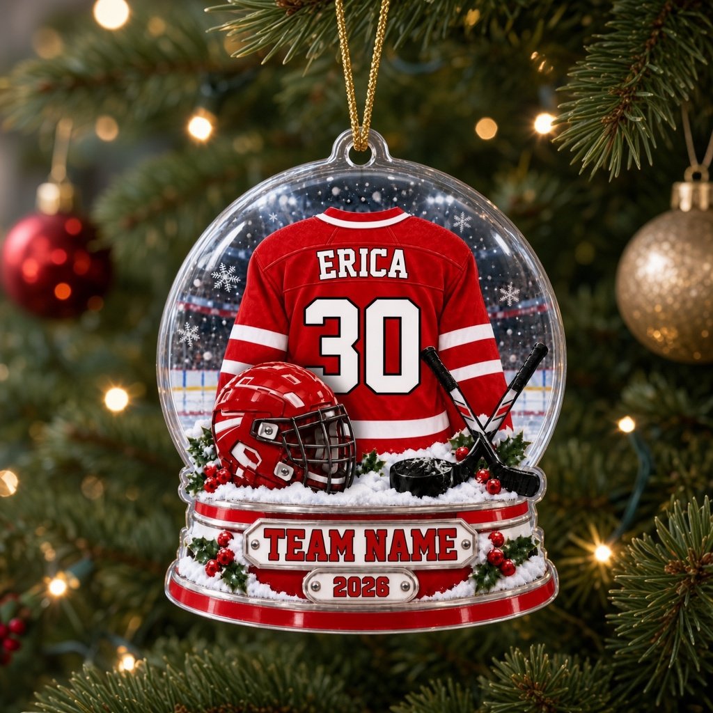 Acrylic snow globe ornament with red hockey jersey, helmet, crossed sticks, puck, holly and a silver name plaque.