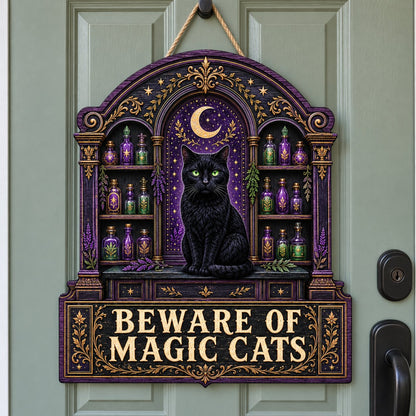 Arched wooden sign with a black cat, crescent moon, night sky, and potion shelves reading Beware of Magic Cats.