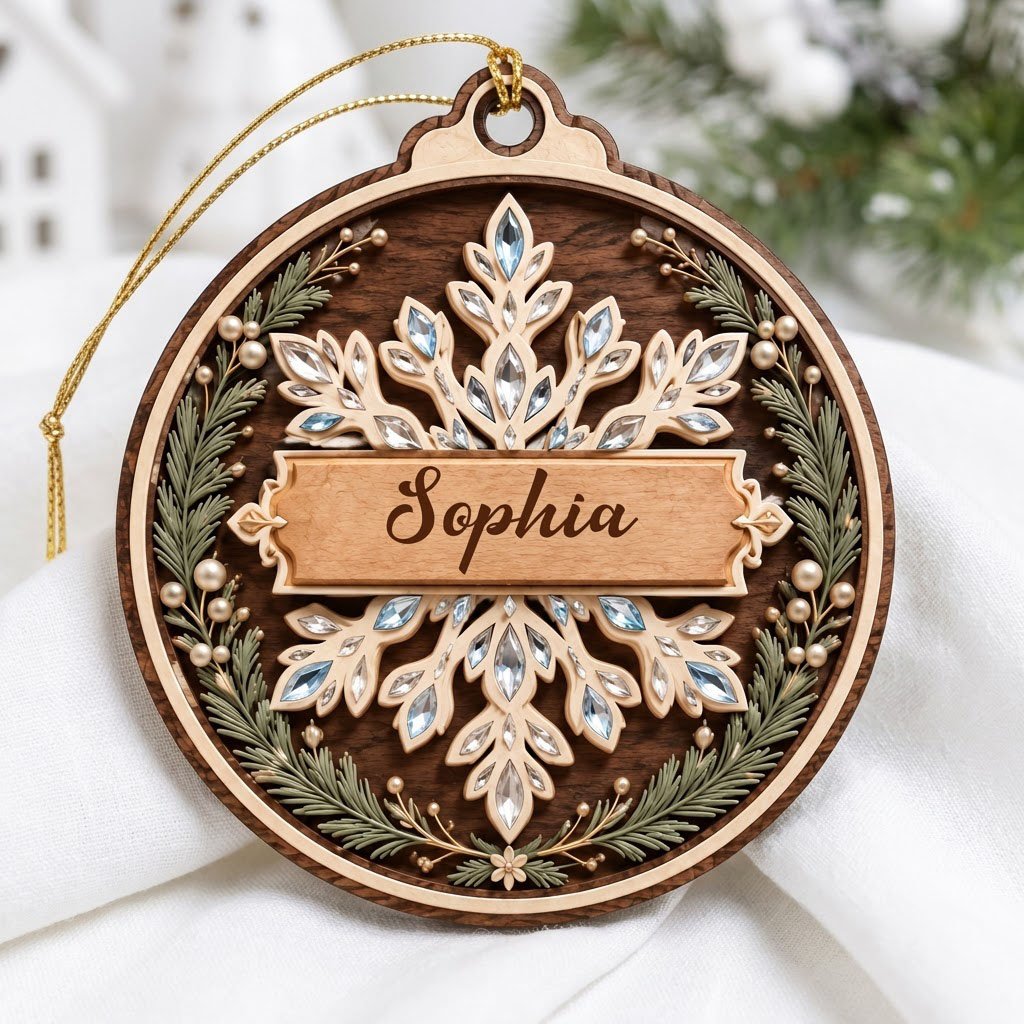 Round wood ornament with a snowflake, gemstone accents, pine sprigs, and a banner personalized with a name.