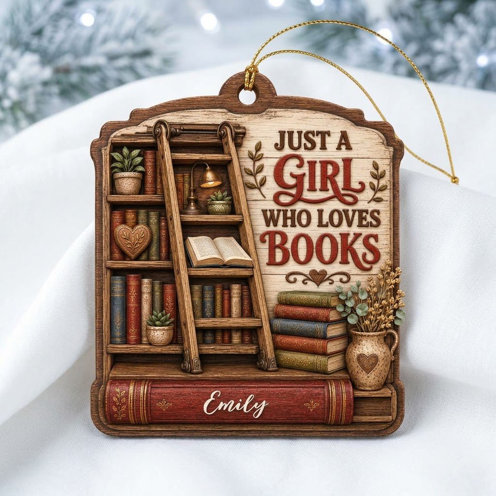 Arched wood ornament with bookshelf, ladder, and 'Just a Girl Who Loves Books' with a name on a red book spine.