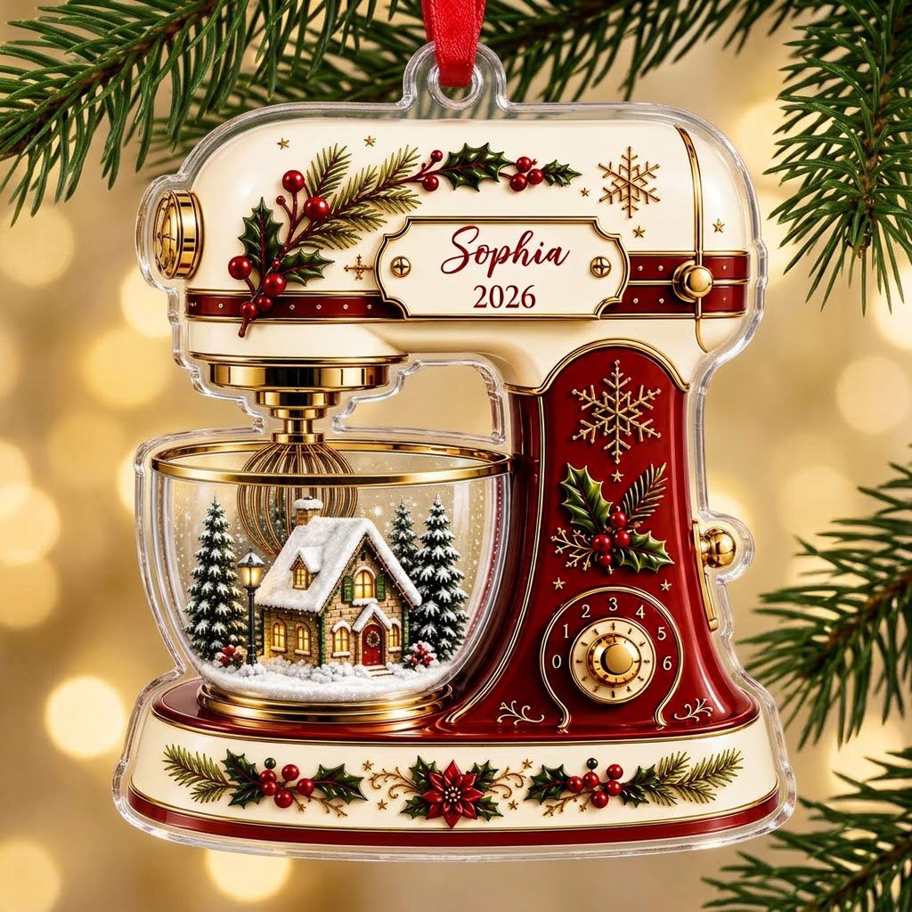 Stand mixer-shaped acrylic ornament with holly, gold snowflakes, and a snowy cottage scene in a glass bowl.