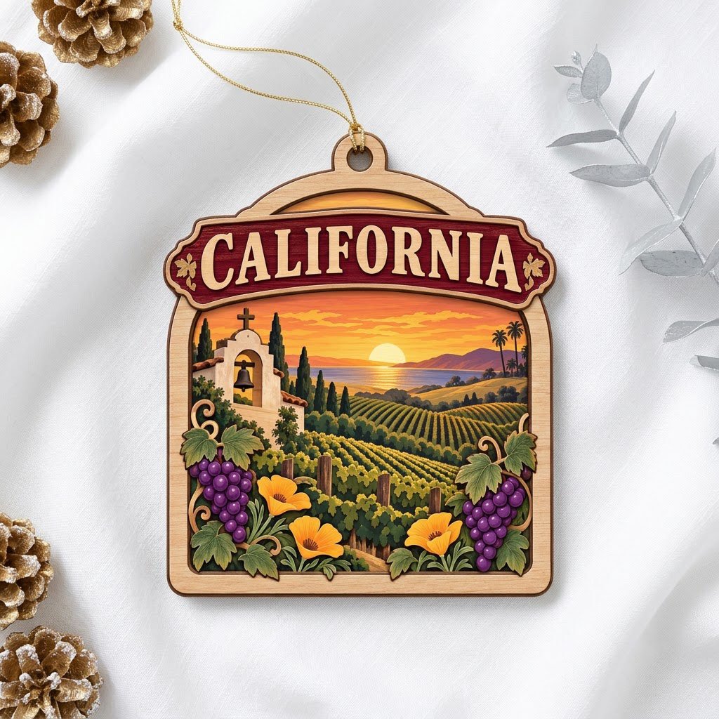 Wood ornament with red banner, California mission, vineyards, poppies, grapes, palms, mountains, and ocean sunset.