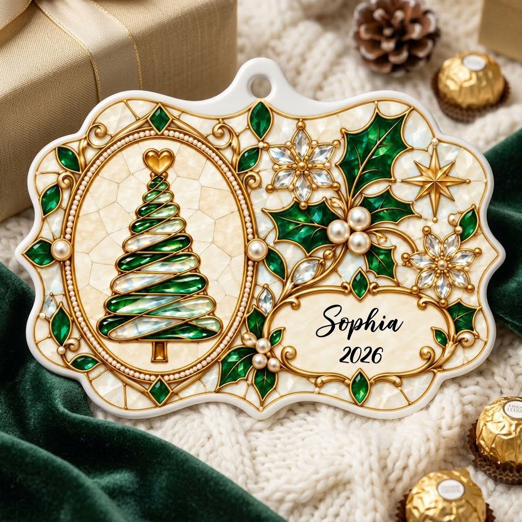 Scalloped ceramic ornament with emerald swirl tree, gold filigree, pearl accents, and a name-and-year cartouche.