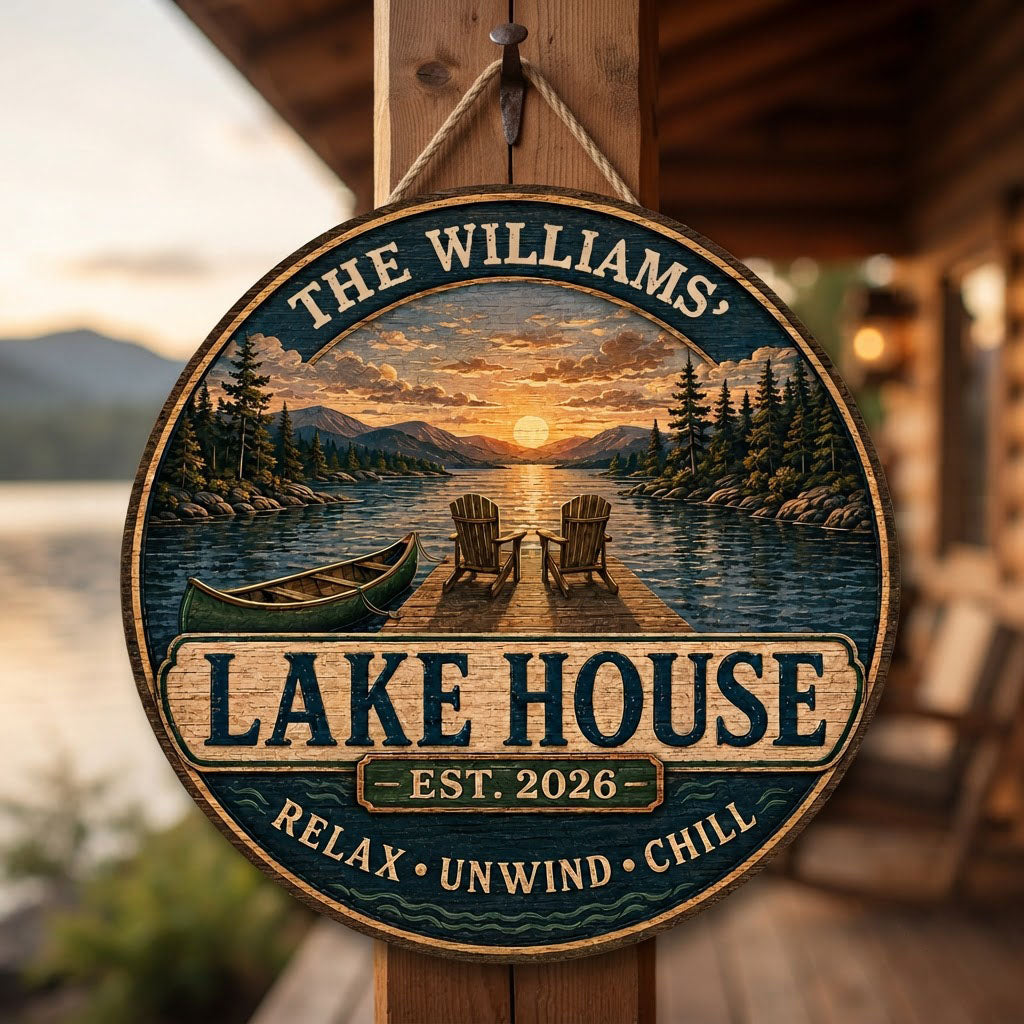 Round wooden sign with lake sunset, two Adirondack chairs on a dock, green canoe, and navy border with wave motifs.