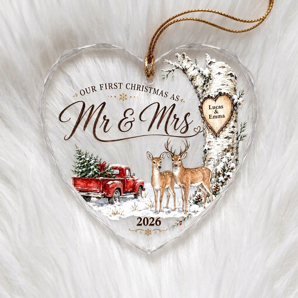 Personalized Our First Christmas as Mr & Mrs Deer Red Truck Heart Glass Ornament