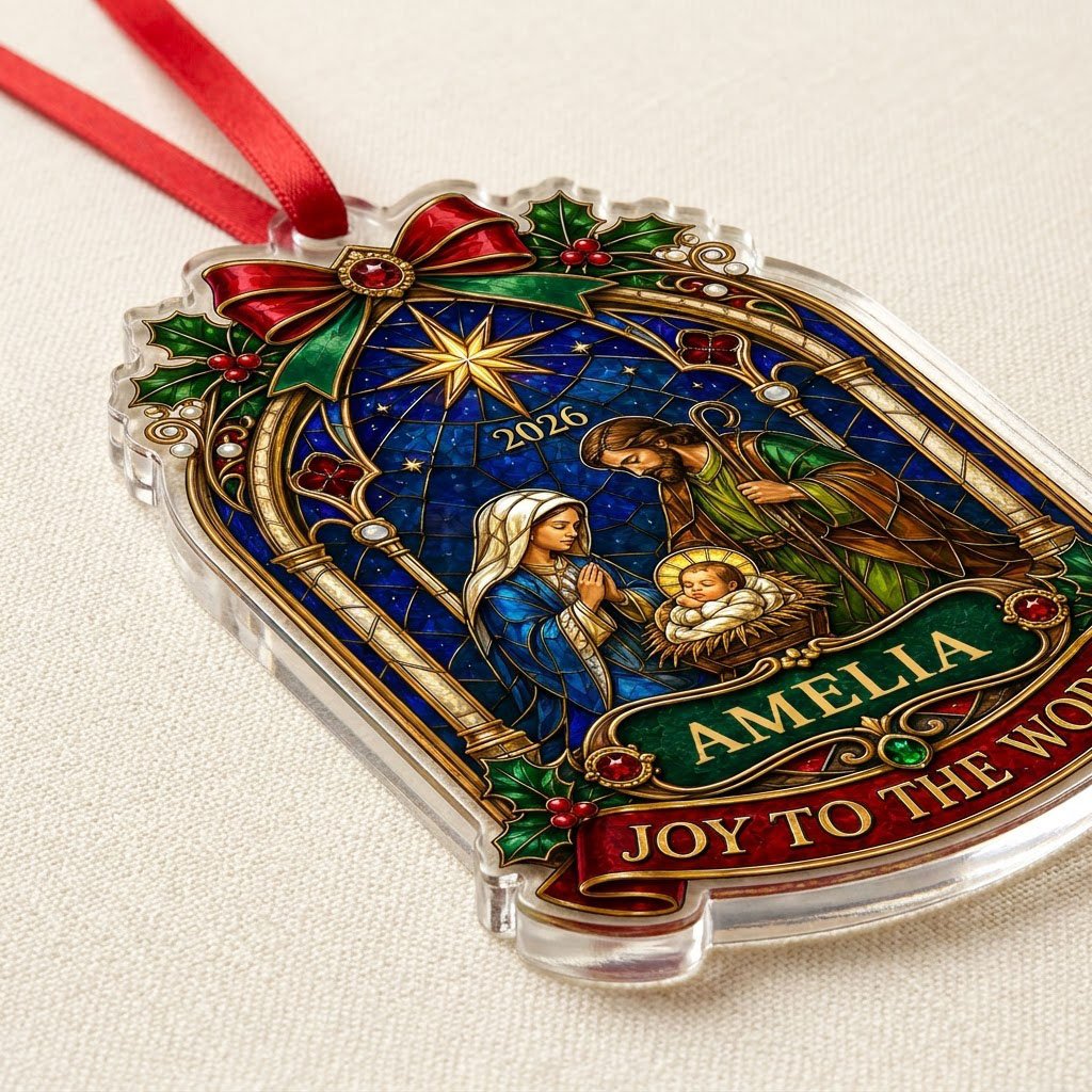 Personalized Stained Glass Nativity Scene Acrylic Ornament, Custom Holy Family Christmas Keepsake