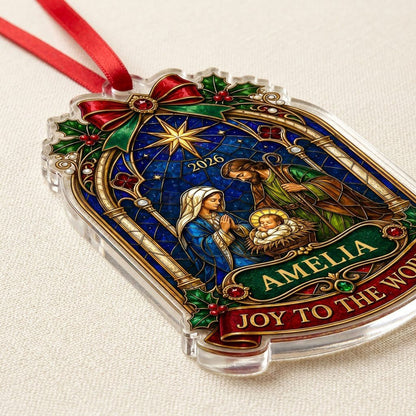 Personalized Stained Glass Nativity Scene Acrylic Ornament, Custom Holy Family Christmas Keepsake