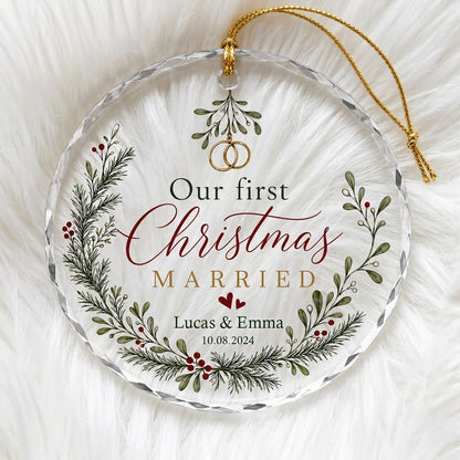 Personalized Our First Christmas Married Mistletoe Wreath Round Glass Ornament