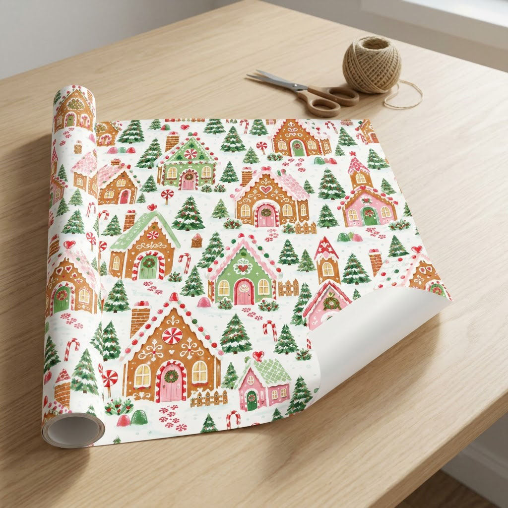 Watercolor gingerbread houses, candy canes, lollipops, pine trees and hearts on snowy white wrapping paper.