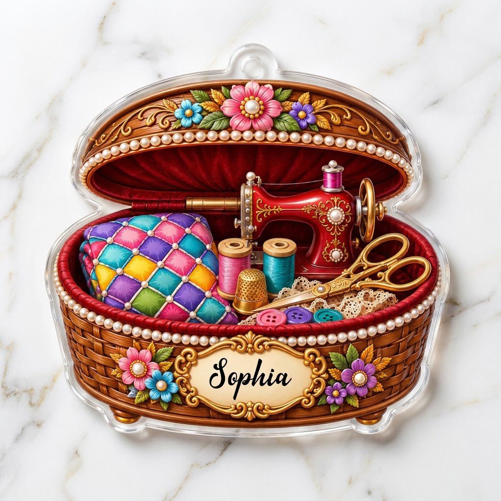 Custom-cut acrylic ornament of a brown sewing basket with a red vintage sewing machine and floral accents