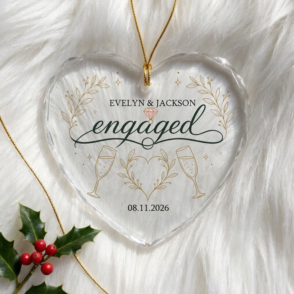 Personalized Engaged Champagne Toast Heart Glass Ornament