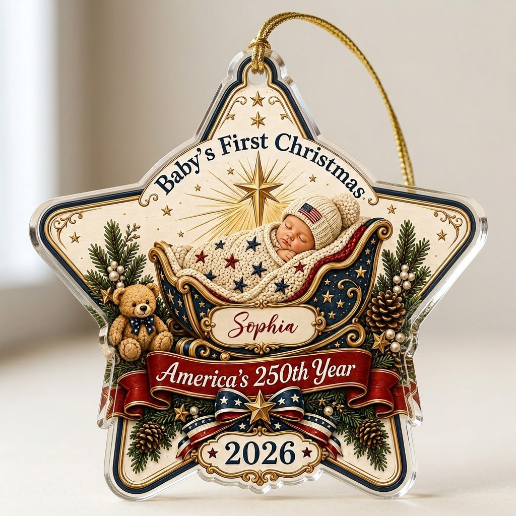 Personalized America 250th Baby's First Christmas Acrylic Ornament, Custom Patriotic Newborn Keepsake
