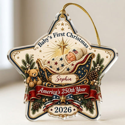 Personalized America 250th Baby's First Christmas Acrylic Ornament, Custom Patriotic Newborn Keepsake