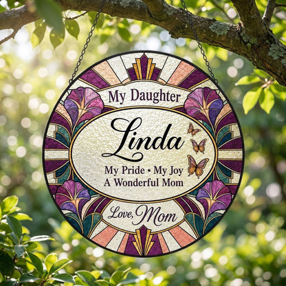 Round stained-glass style suncatcher with purple flowers, butterflies, and 'My Daughter' text.