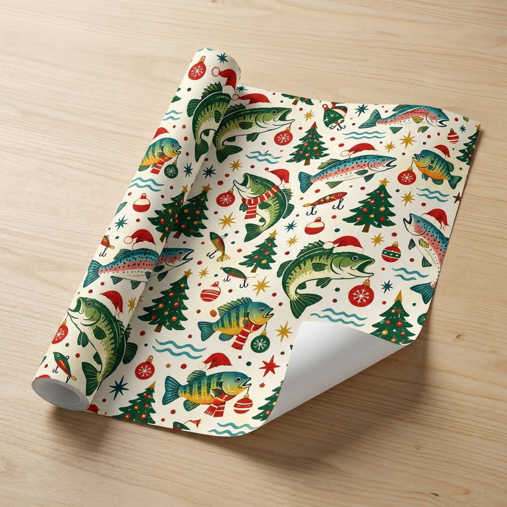Wrapping paper with fish in Santa hats and scarves, trees, ornaments, lures, stars and blue wavy lines
