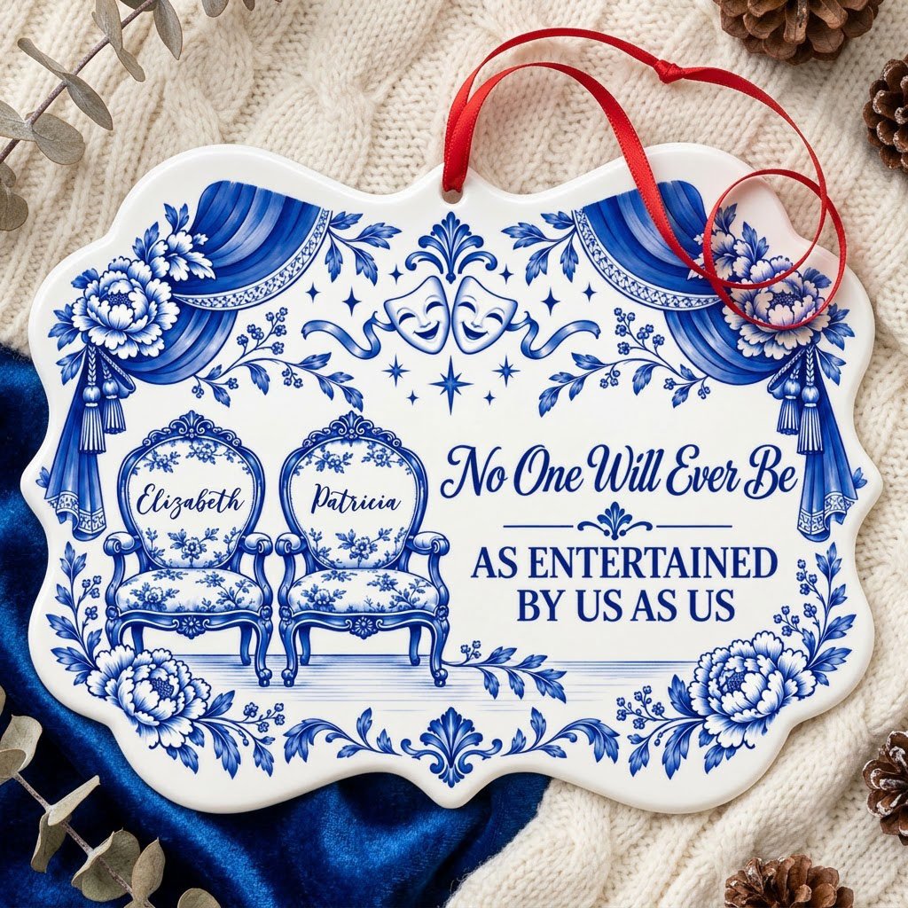 Blue-and-white ceramic ornament with theater masks, vintage chairs, Delft florals, and draped curtains.