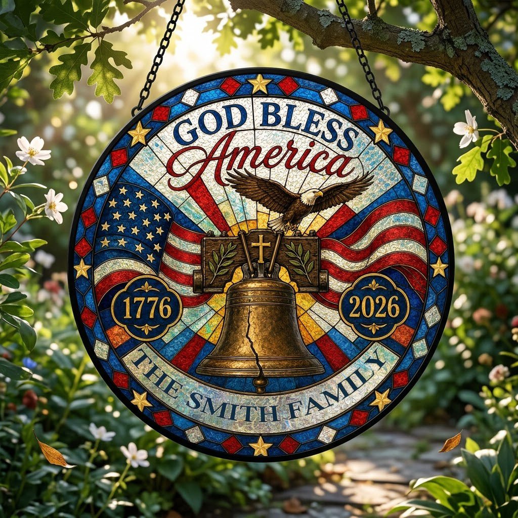 Round stained-glass style suncatcher with Liberty Bell, eagle, flags, 'GOD BLESS America' 1776–2026 and a family name