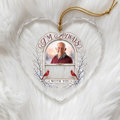 Heart-shaped glass ornament with red cardinals, arched photo window, and I'M ALWAYS WITH YOU text on a snowy winter scen