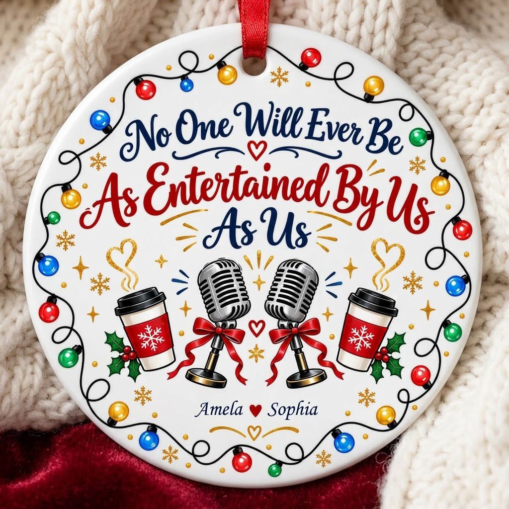 Round ceramic ornament with lights border, two microphones with red bows, and two coffee cups with heart steam.