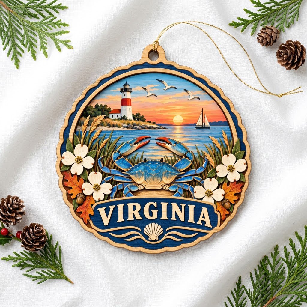 Scalloped wood ornament with blue crab, dogwood, lighthouse, sailboat, seagulls, and sunset over water with Virginia ban