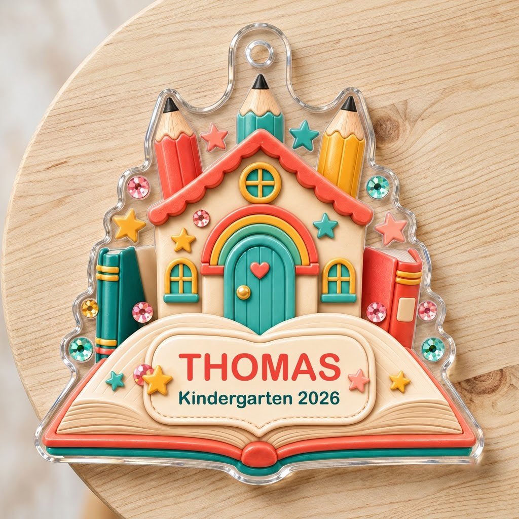Clay-style schoolhouse on an open book with pencils and stars, personalized with child's name and Kindergarten 2026