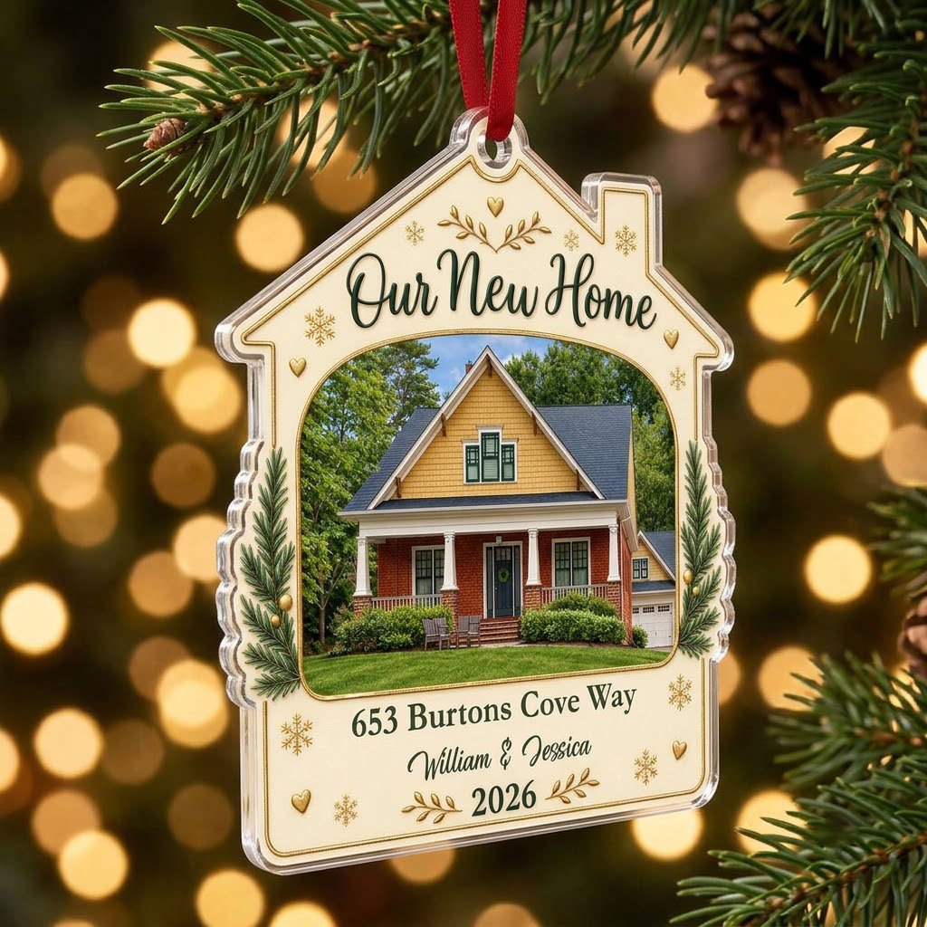 House-shaped acrylic ornament with “Our New Home”, a house photo frame, pine boughs, gold hearts and snowflakes.