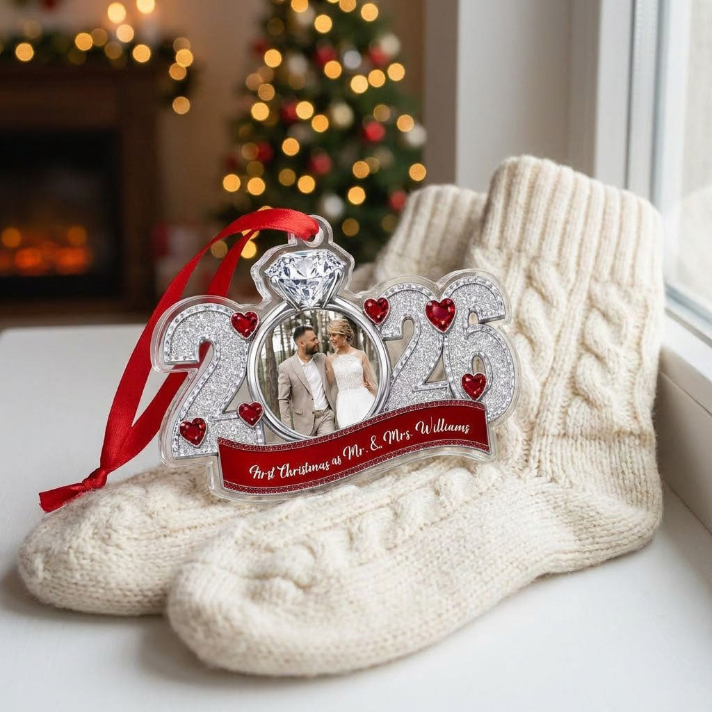 Acrylic ornament shaped like 2025 with a diamond-topped ring photo frame, red heart jewels and a red name banner