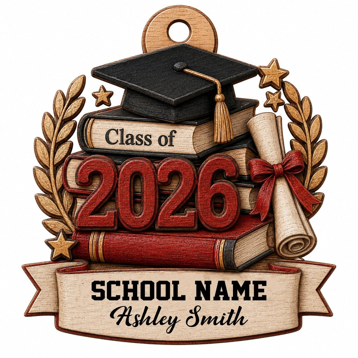 Graduation cap with gold tassel atop books, large 2026 numbers, a red-tied diploma, laurel leaves, stars, and a bottom b