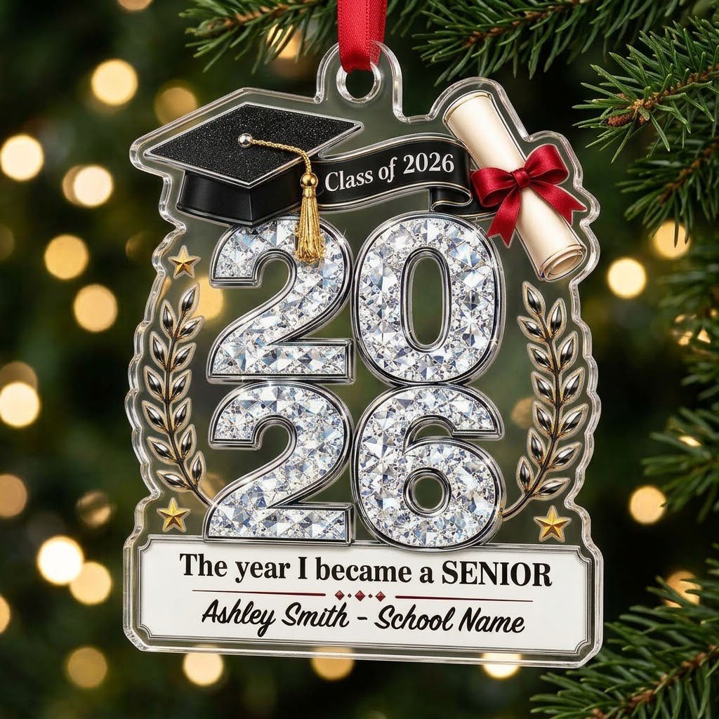 Custom-cut clear acrylic ornament shaped like a graduation cap with Class of 2026, diploma, laurels, and name plaque.