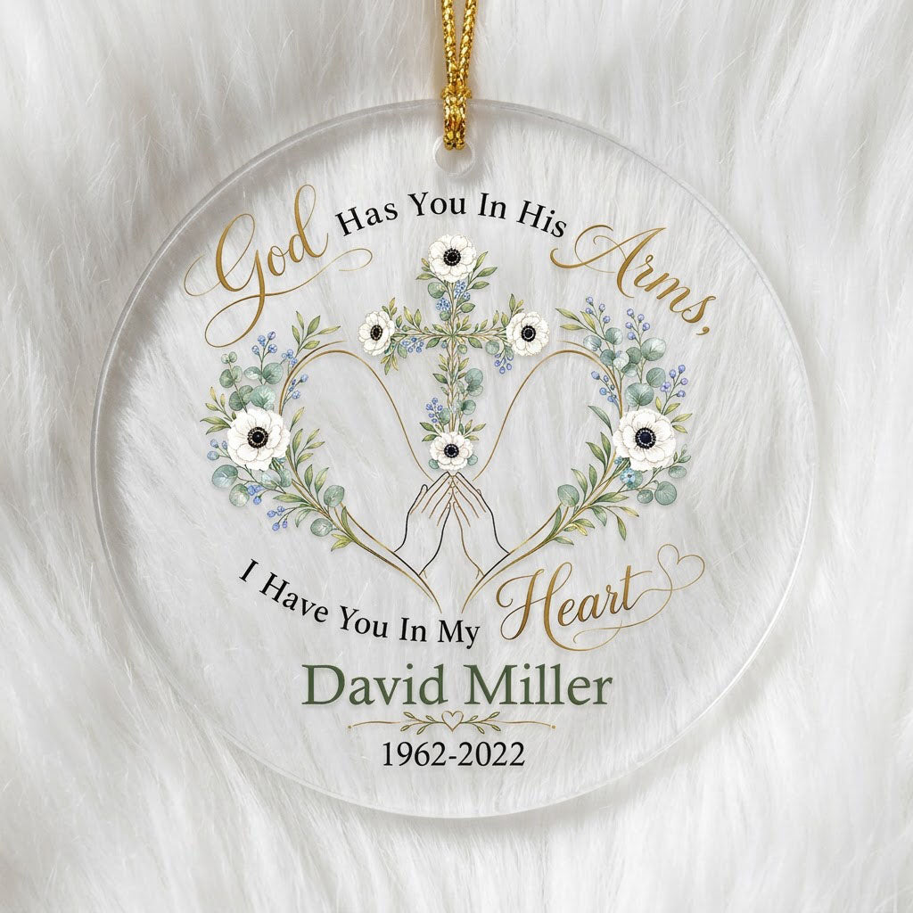 Personalized Praying Hands Botanical Cross Memorial God Has You In His Arms Round Glass Ornament