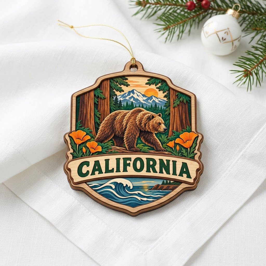 Shield-shaped wood ornament reading CALIFORNIA with bear on log, poppies, redwoods, mountains, and ocean waves.