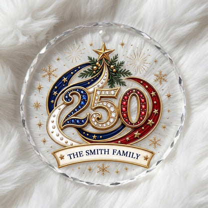 Personalized 250th Anniversary Patriotic Bauble Round Glass Ornament