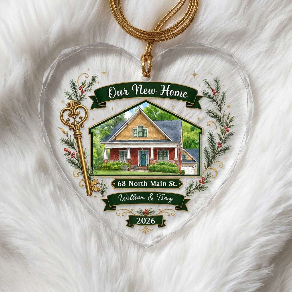 Heart-shaped glass ornament with watercolor house, gold key, evergreens, green banners, and 'Our New Home' text.