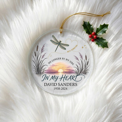 Personalized Dragonfly Memorial Sunset No Longer By My Side Round Glass Ornament