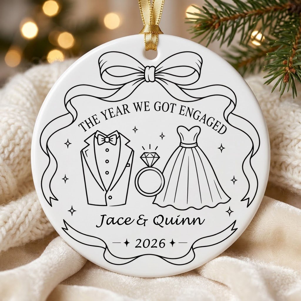 Round white ceramic ornament with black line art of bow, tuxedo, ring, dress, and THE YEAR WE GOT ENGAGED banner.
