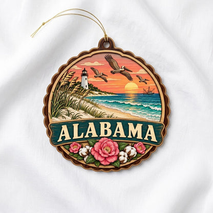 Scalloped wood ornament of an Alabama coastal scene with lighthouse, pelicans, camellias, cotton, and teal banner