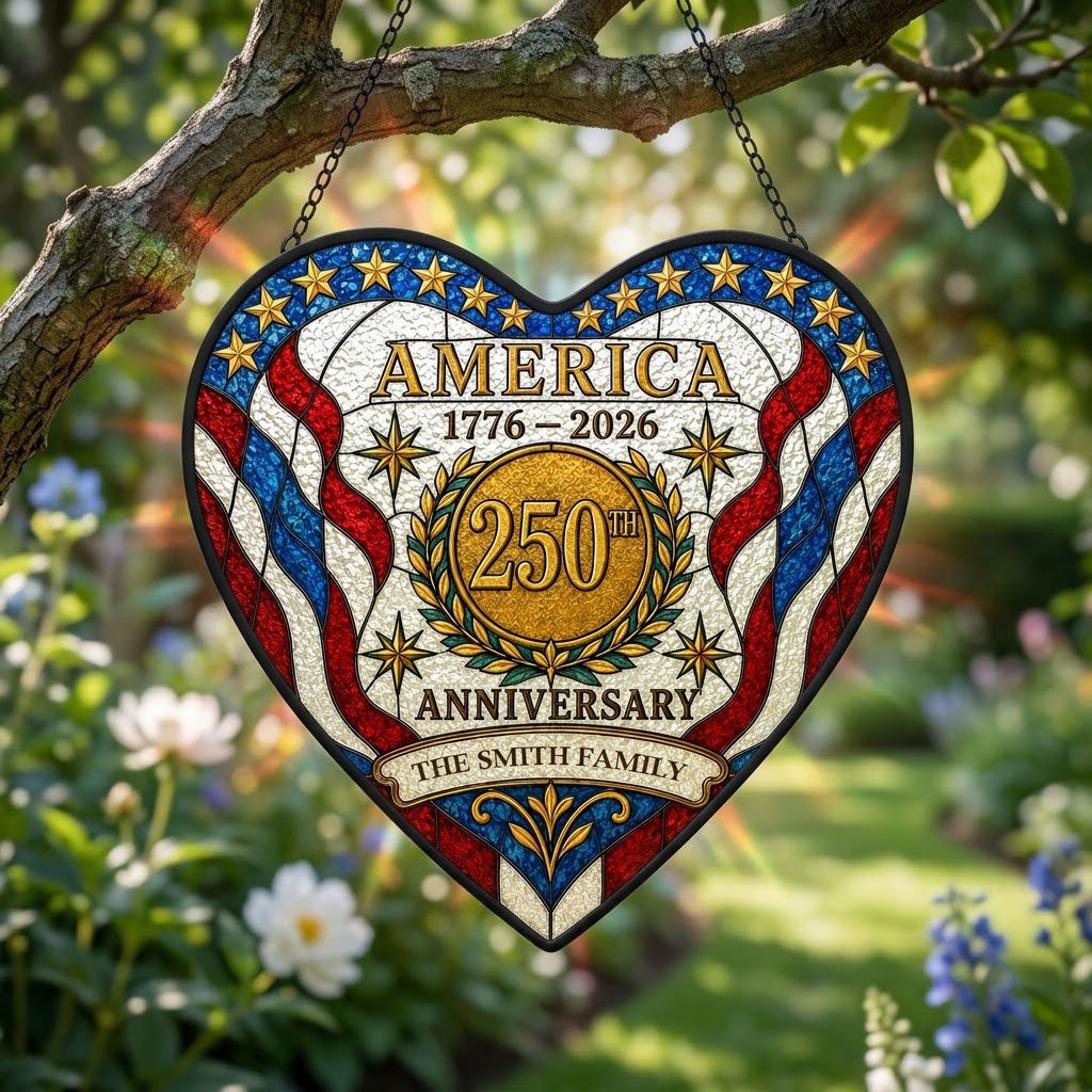 Heart suncatcher with red, white and blue stripes, gold medallion, laurel wreath, and 'America 1776–2026' text.