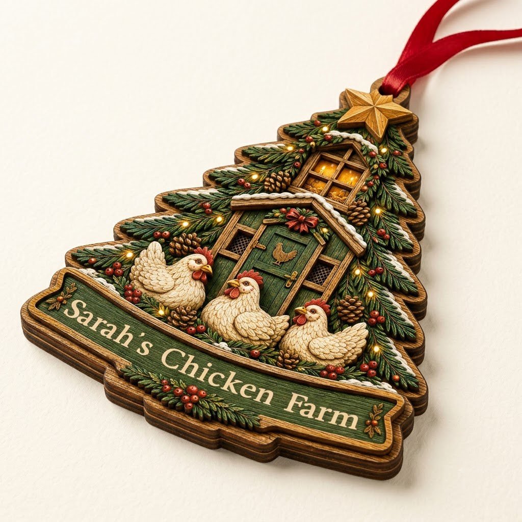 Personalized Christmas Tree Chicken Coop Wood Ornament, Custom Farmhouse Keepsake