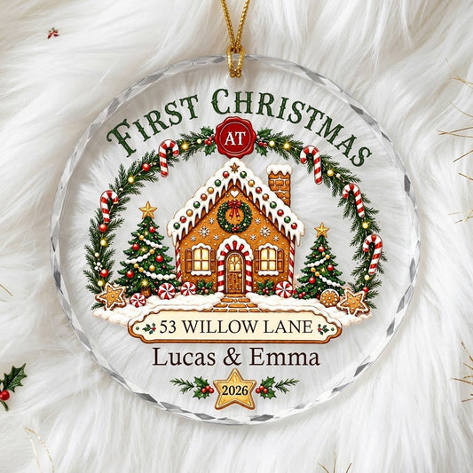 Personalized First Christmas at New Home Gingerbread House Round Glass Ornament