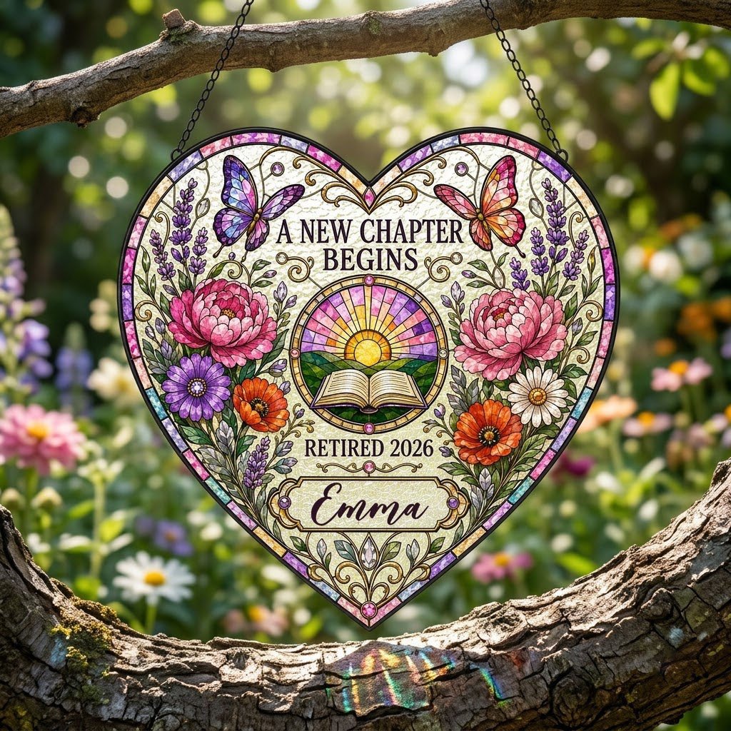 Personalized Retirement Open Book & Sunrise A New Chapter Begins Heart Stained Glass Suncatcher