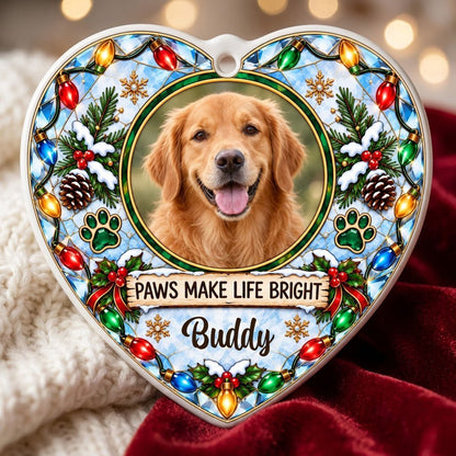 Heart ceramic ornament with dog photo frame, “PAWS MAKE LIFE BRIGHT”, lights, pine branches, paw prints, and red ribbon 
