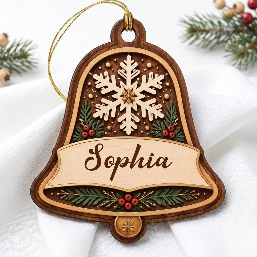 Personalized wooden bell ornament with snowflake, pine sprigs, red berries, and a name on the center banner.
