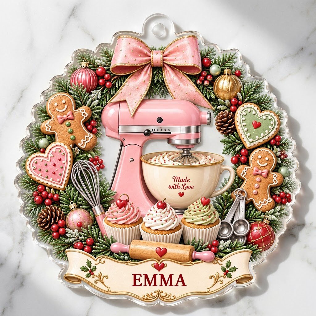 Scalloped clear acrylic ornament with a pink mixer in a Christmas baking wreath and a Made with Love banner.