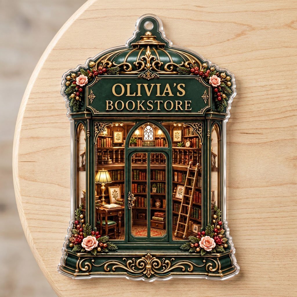 Green and gold ornate acrylic ornament with roses and a cozy bookstore interior reading OLIVIA'S BOOKSTORE.