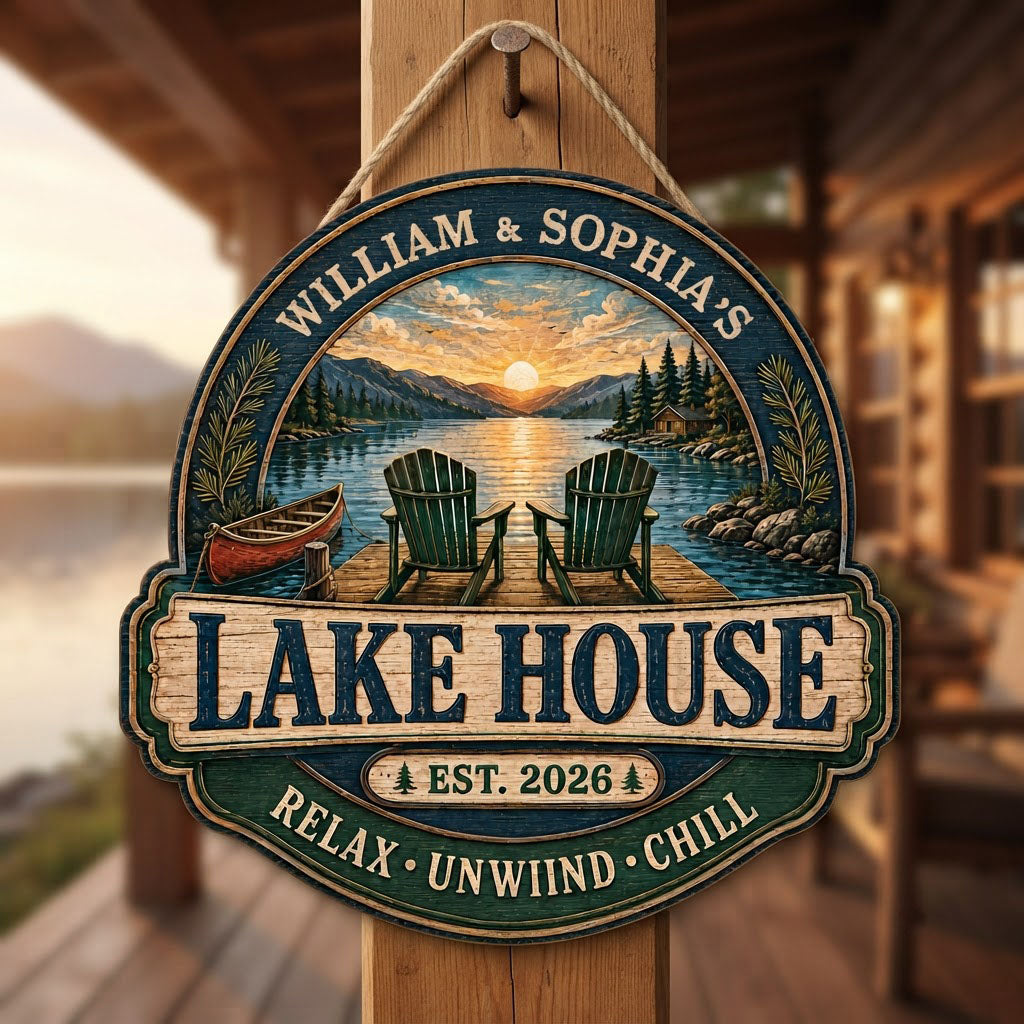 Personalized Lake House Sunset Wooden Hanging Sign