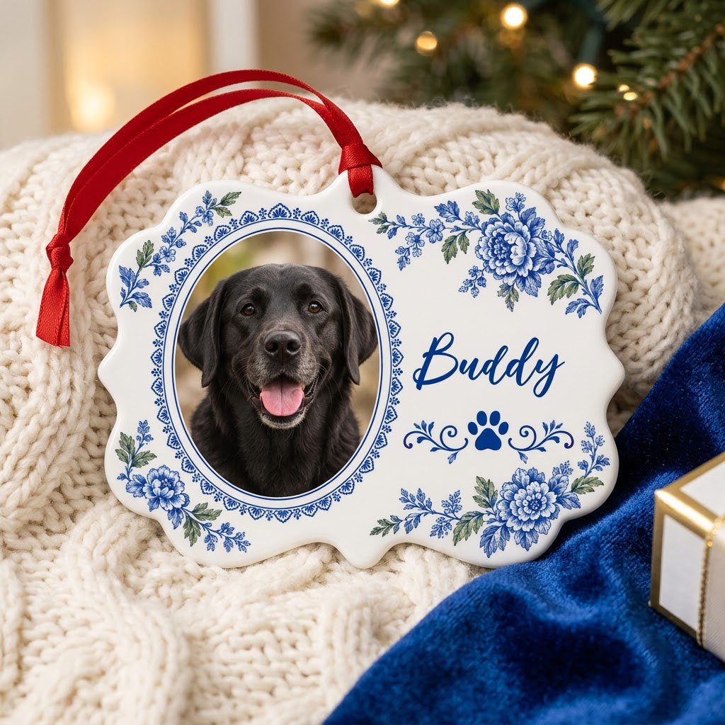 Scalloped medallion ornament with blue-green Delft floral border, dog photo left, blue paw print and name Buddy