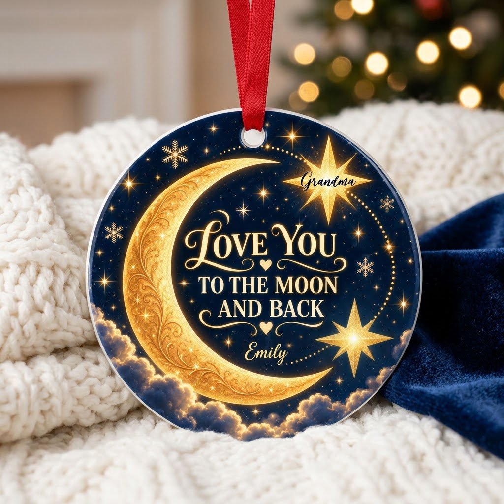 Round ceramic ornament with golden crescent moon, navy sky, stars, and 'LOVE YOU TO THE MOON AND BACK'.