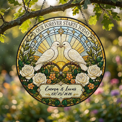 Personalized Wedding Doves Our Forever Starts Today Floral Stained Glass Round Suncatcher