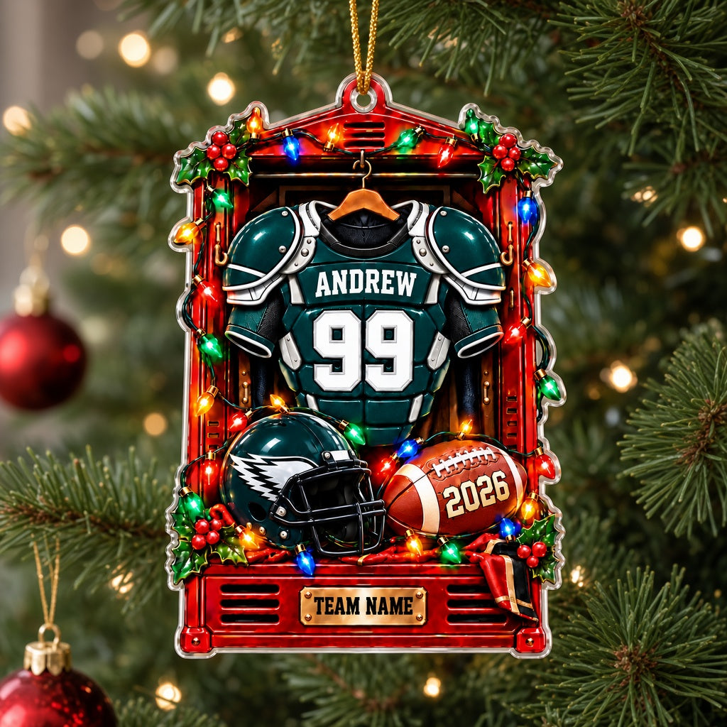 Acrylic ornament of a red football locker with a green jersey, helmet, football, lights and holly for Christmas